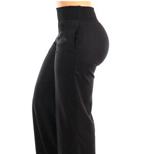 Black wide leg linen blend pants with wide spandex stretchy waist.
